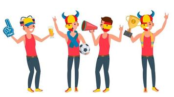 Sports Supporting Team Vector. Guys Fans Cheer For Team. Different Poses. Cartoon Character Illustration vector