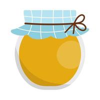 Vector honey jar icon isolated on white background. Cute rural glass pot tied with blue checked cloth. Flat beekeeping farm illustration