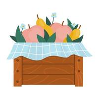 Vector cute wooden box with apples, pears, flowers, leaves, blue checked cloth. Autumn garden clipart. Funny flat style fruit illustration isolated on white background. Farm harvest icon