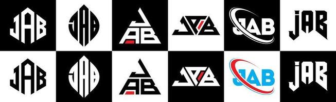 JAB letter logo design in six style. JAB polygon, circle, triangle, hexagon, flat and simple style with black and white color variation letter logo set in one artboard. JAB minimalist and classic logo vector