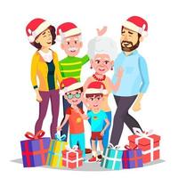 Christmas Family Vector. Celebrating. Mom, Dad, Children, Grandparents Together. In Santa Hats. Decoration Element. Isolated Cartoon Illustration vector