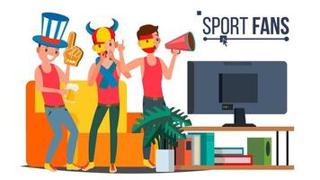 Sport Fans Group Vector. Cheering For The Sport Team. Watching Game Match On TV. Isolated Flat Cartoon Illustration vector