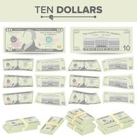Vector de billetes de 10 dólares. moneda estadounidense de dibujos animados. dos lados de diez billetes de dinero americano ilustración aislada. símbolo de efectivo pilas de 10 dólares