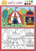 Coloring page for children with cute circus scene. Vector amusement show outline illustration with cute marquee, clown, boy running for ticket. Color book for kids with colored example
