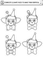 Black and white find differences, logical and drawing game for kids. Circus educational activity with funny clown face. Complete picture printable worksheet. Cute puzzle or coloring page vector