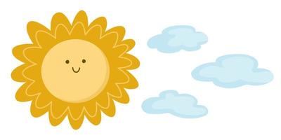 Cute smiling kawaii sun and clouds icon. Vector childish illustration. Yellow planet picture isolated on white background.