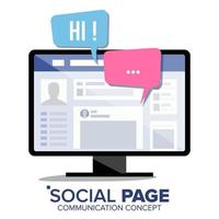 Social Page On Monitor Screen Vector. Speech Bubbles. Social Media User Web Page. Isolated Flat Illustration vector