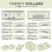 Vector de billetes de 20 dólares. moneda estadounidense de dibujos animados. dos lados de veinte billetes de dinero americano ilustración aislada. símbolo de efectivo pilas de 20 dólares