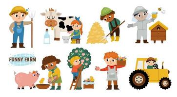 Vector farmers set. Cute kids doing agricultural work. Rural country scenes. Children gathering hay, feeding animals, beekeeping, milking cow. Cartoon boys and girls. Funny farm illustrations
