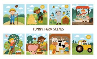 Vector farm scenes set. Cute kids doing agricultural work. Rural country landscapes with farmers. Children gathering hay, feeding animals, beekeeping, milking cow. Cartoon boys and girls