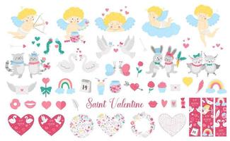 gran juego de vectores del día de san valentín. lindos personajes, tarjetas, colección de diseños. Cupido, palomas, corazones, cisnes, paquete de parejas de animales. ilustración juguetona de vacaciones de febrero con concepto de amor