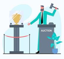 A businessman conducts an auction, and there is a trophy on a pedestal nearby flat vector illustration