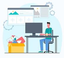 The content manager fills the website with information. A man works on the computer, with the account windows hanging over him. Flat vector illustration.