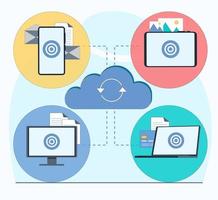 cloud storage synchronizes data from different devices tablet laptop phone smartphone computer where the documents are stored files letters cards vector flat illustration