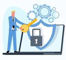 The businessman holds the key that opens the lock on the laptop with the data, which provides cyber security. There are gears in the background. Flat vector illustration.