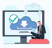 a successful businessman in a suit sits in a lotus pose on a cushion with a laptop computer and uploads files to cloud storage with documents vector flat illustration