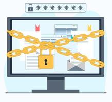 The computer with the documents is chained with a lock that provides cyber security. Above the monitor there is a field for entering the password. Flat vector illustration.