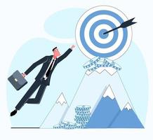 businessman flies to the top of the mountain, where among the gold coins is his business target flat vector illustration
