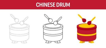 hoja de trabajo para colorear y trazar tambores chinos para niños vector