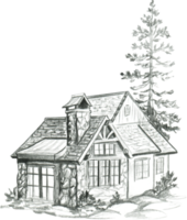 grafische zeichnung eines hauses mit dachboden und weihnachtsbaum png