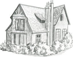 Graphic drawing of a two-story house with a chimney and a garden png
