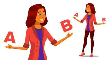 European Woman Comparing A With B Vector. Creative Idea. Balancing. Customer Review. Compare Objects, Purchases, Ideas, Strategies. Isolated Flat Cartoon Illustration vector