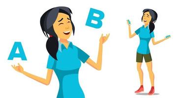 Asian Woman Comparing A With B Vector. Creative Idea. Balancing. Customer Review. Isolated Flat Cartoon Illustration vector