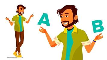 Indian Man Comparing A With B Vector. Creative Idea. Balancing. Customer Review. Compare Objects, Purchases, Ideas, Strategies. Isolated Flat Cartoon Illustration vector