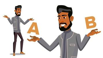 Arab Man Comparing A With B Vector. Balance Of Mind And Emotions. Client Choice. Compare Objects, Ways, Ideas.Isolated Flat Cartoon Illustration vector