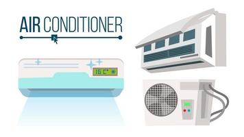 conjunto de acondicionador de aire vectorial. oficina de diferentes tipos, sistema de aire acondicionado para el hogar. ilustración aislada plana de dibujos animados en interiores y exteriores vector