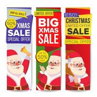 Christmas Sale Banner Vector. Merry Christmas Santa Claus. December Sale Banner. Website Stickers, Holidays Web Design. Up To 50 Percent Off Promotion Xmas Vertical Banners. Isolated Illustration vector