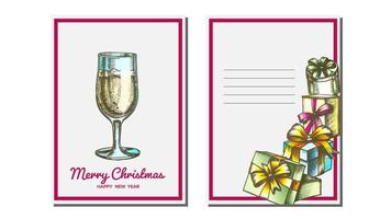 Christmas Greeting Card Vector. Champagne Bottle. Seasons. Winter Wishes. Hand Drawn In Vintage Style Illustration vector