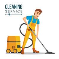 Office Cleaner Vector. Work Wiping, Dusting, Vacuuming Floor Carpets. Sanitation And Cleaner Washing. Isolated Flat Cartoon Character Illustration vector