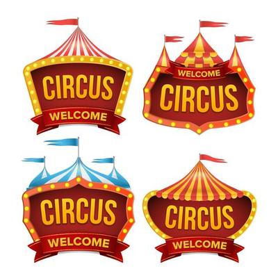 Circus Sign Set Vector. Night Carnival Sign. Circus Tent Poster. Carnival Light Bulb Frame. Flat Isolated Illustration