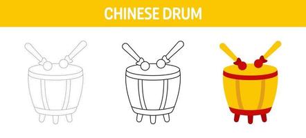 Chinese Drum tracing and coloring worksheet for kids vector