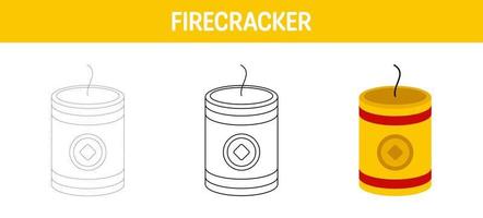 Firecracker tracing and coloring worksheet for kids vector