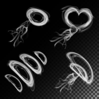 Realistic Cigarette Smoke Waves Vector. Smoke Or Steam Texture, Created With Gradient Mesh. Smoke Isolated Over Black. Smoke Rings.