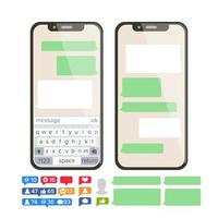 vector de mensaje de texto de chatbot. plantilla de conjunto de burbujas de bot de chat. moderna interfaz de mensajería de aplicaciones móviles. smartphone con chat en pantalla. cuadros de texto vacíos. iconos de notificación. ilustración plana