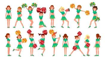 High-School Profession Cheerleading Teams Vector. In Action. Fans Girls Dancing With Pompoms. Jumping And Dancing Together. Cartoon Character Illustration vector