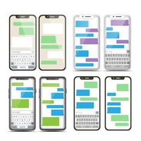 vector de conjunto de mensajes de pantalla móvil. burbujas de bots de chat. interfaz de mensajería de la aplicación móvil. concepto de comunicación smartphone con chat en pantalla. cajas de texto. iconos de notificación. ilustración