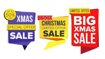 Christmas Sale Banner Set Vector. December Sale Banner. Website Stickers, Holidays Web Design. Up To 50 Percent Off Xmas Badges. Isolated Illustration vector
