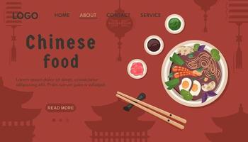 Chinese food. Asian banner. Traditional dish closeup with lanterns silhouette, architecture. Vector
