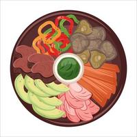 Chinese food. Tradition asian dish closeup with meat, pepper, shiitake mushrooms. Vector flat illustration for restaurant dishes, menu, delivery, cooking concept