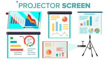 Projector Screen Set Vector. Presentation With Graph. Whiteboard. Seminar, Lecture, Business Conferences, Training Staff, Meeting. Isolated Illustration vector