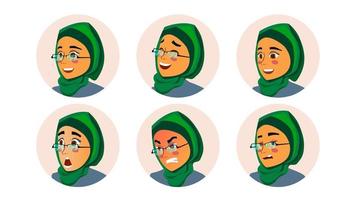 vector de avatar de mujer de negocios musulmana. rostro de mujer, conjunto de emociones. hiyab marcador de posición creativo femenino musulmán. chica moderna. ilustración aislada de arte