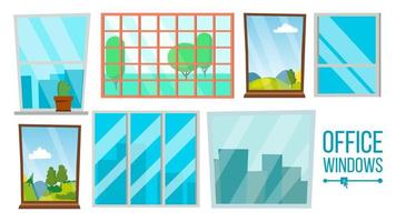 Office Windows Set Vector. Business Apartment Interior Design Element. Different Types. City View. Isolated Illustration vector