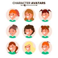 vector de conjunto de avatar de personaje de niña. cara de mujer, emociones. colección predeterminada de marcadores de posición de avatar femenino. caricatura, gente cómica, arte, plano, aislado, ilustración