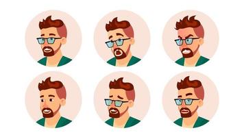 vector de avatar de hombre hipster. cara de hombre hipster moderno creativo, conjunto de emociones. gente de negocios de carácter. ilustración de dibujos animados