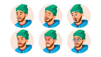 Bearded Man Avatar Vector. Character Business People Avatar. Cap, Hat. Face Emotions Set. Cartoon, Comic Art Illustration vector