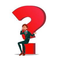 Question Mark Businessman Vector. Task, HR Concept. Find New Job. Huge Red Question Mark. Isolated Cartoon Illustration vector